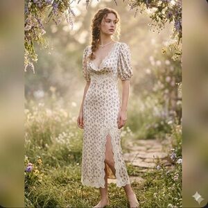 Urban Outfitters Lauren Lace Trim Floral Midi Dress L Blue Yellow Cottagecore